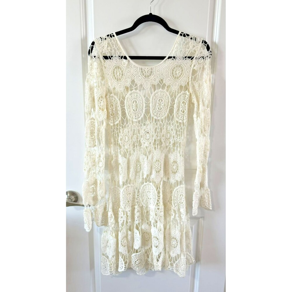 Free People Crochet Lace Cover Up Dress  M Mini Dress Oversized Boho  *Flaw